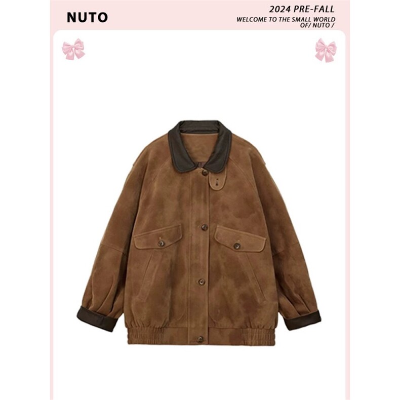 美式潮中古感’做旧麂皮绒重工撞色翻立领复古皮衣外套JKK39P85,男装皮衣,电商D256-1(原A064-1)