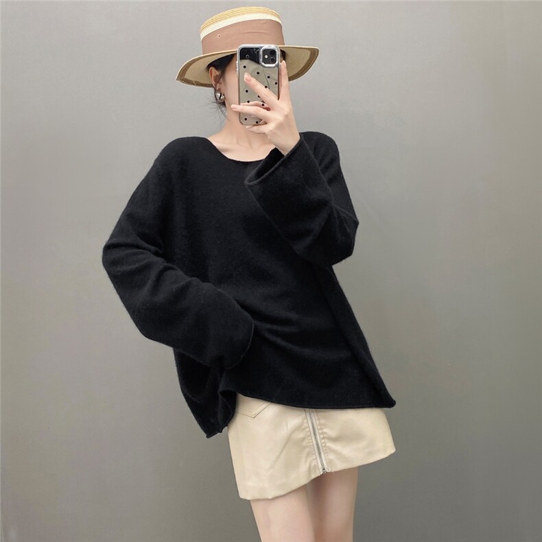 HE|轻奢ji简软糯baby山羊绒衫女圆领针织衫宽松慵懒毛衣打底衫,针织衫/毛衣,国旺羊绒