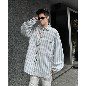 港风夏款男长袖冰丝衬衫字母蝴蝶植物刺绣休闲衬衣CS220 P45图片