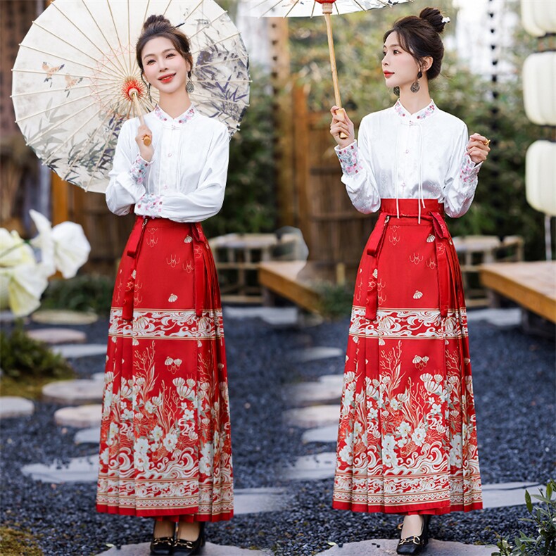 苏杭原创明制汉服女改良版新中式马面裙套装国风半身长裙子两件套，女装套装/套裙，丽美静依