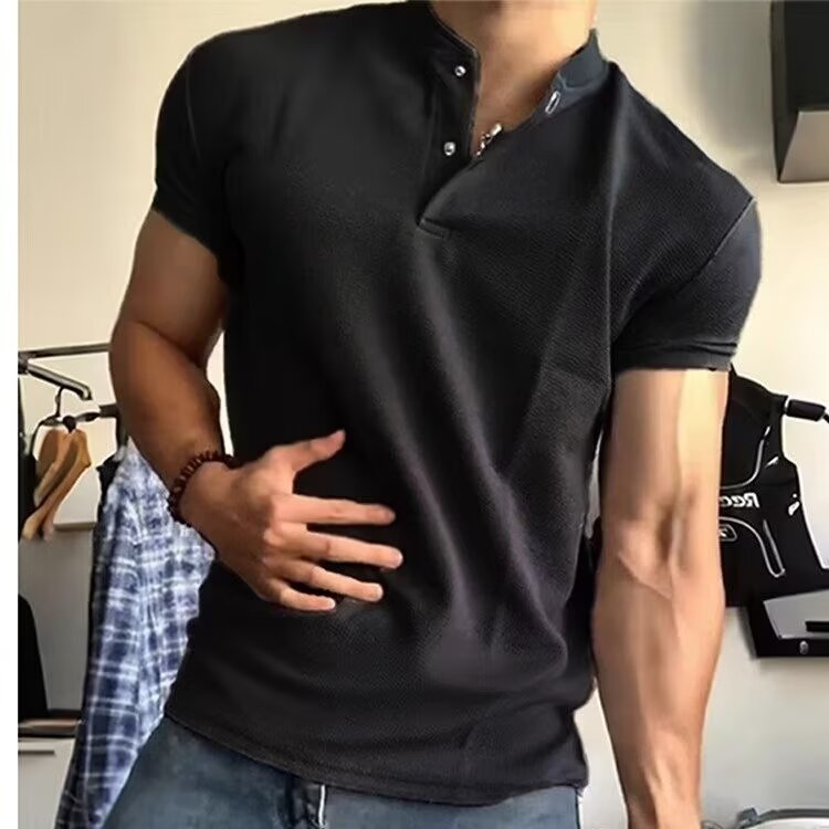 黑色美式亨利领短袖男款夏季显肌肉正肩polo衫高级感健身运动t恤,男装T恤,星座506A