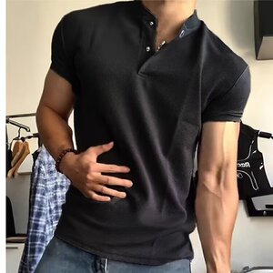 黑色美式亨利领短袖男款夏季显肌肉正肩polo衫高级感健身运动t恤图片