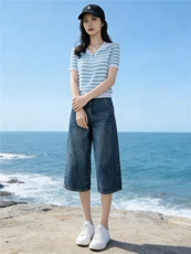 时尚简约套装女夏季新款洋气减龄蓝色翻领条纹上衣牛仔中裤两件套，女装套装/套裙，江南