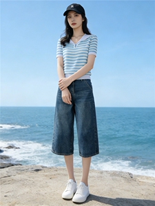 时尚简约套装女夏季新款洋气减龄蓝色翻领条纹上衣牛仔中裤两件套图片