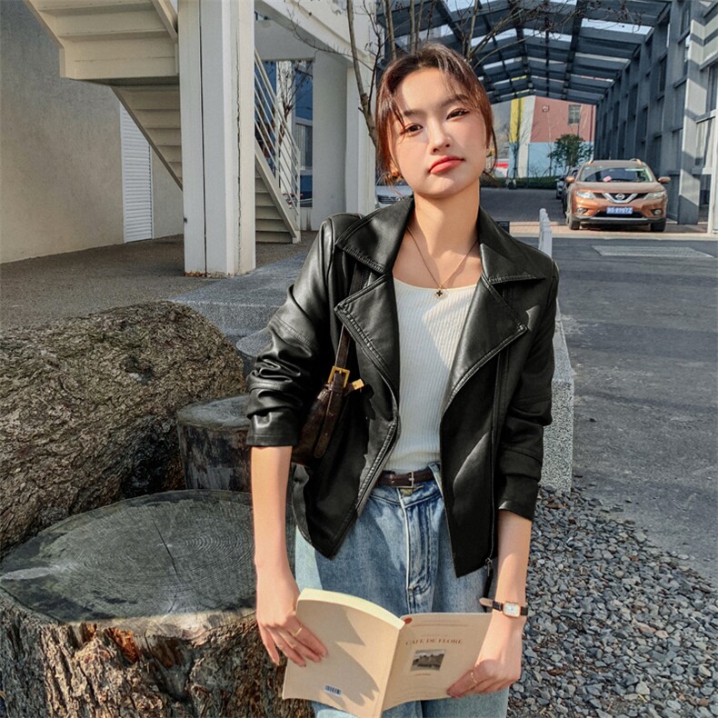 咖色酷飒机车风皮衣外套女2025年秋季新款小个子气质百搭PU皮夹克,女装皮衣,欣美人