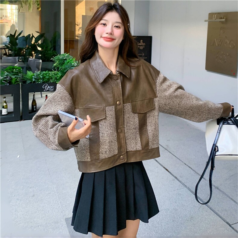 韩版时尚拼接皮衣外套女2025春秋季新款港风复古宽松显瘦夹克上衣,女装皮衣,2C118