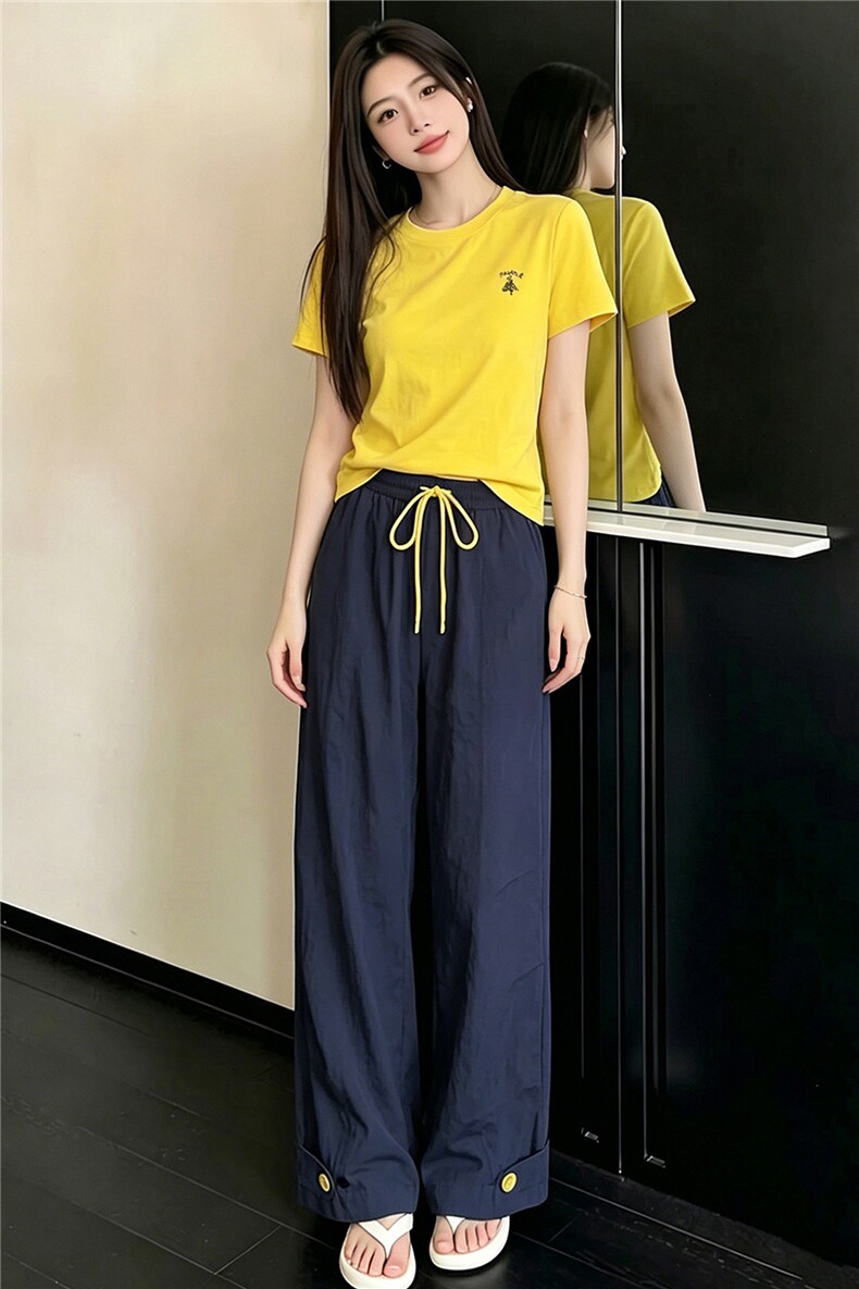女夏季新款韩版时尚休闲套装修身圆领黄色短袖上衣阔腿长裤两件套,女装套装/套裙,江南