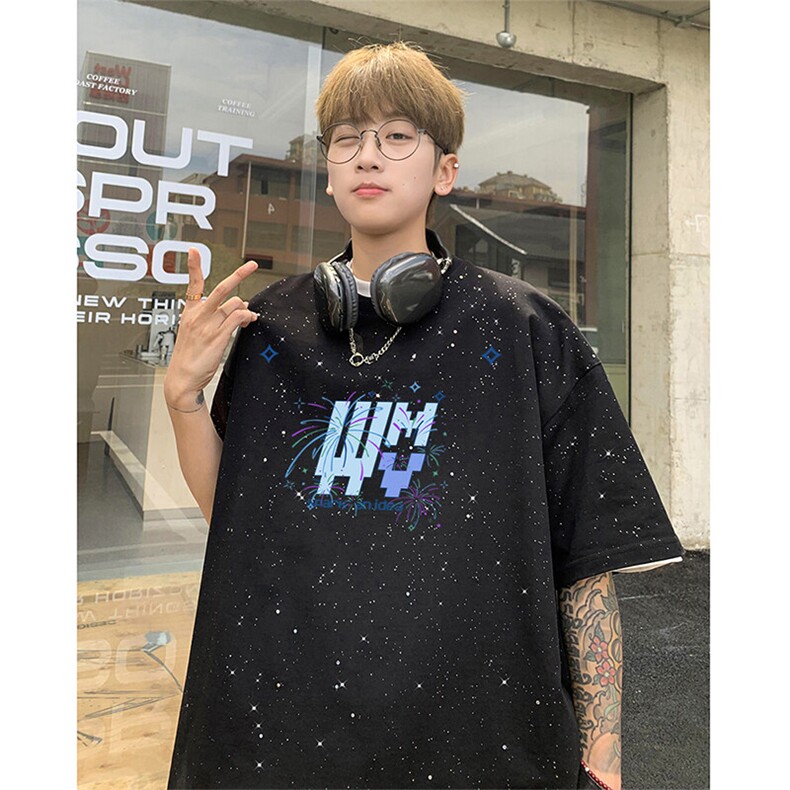 可48小时发货支持抖音得物来样二开美式满天星亮片短袖T恤MTX655,男装T恤,电商A486-1
