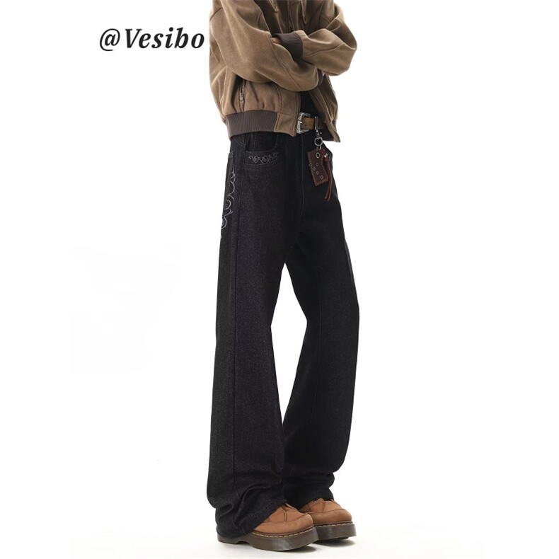 W11040-P50网图现货美式复古阔腿牛仔裤cleanfit高街弯刀微喇裤,男装牛仔裤,星座1608
