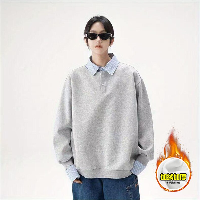 重磅加绒硬挺boxy男女美式高街假两件衬衫领长袖卫衣POLO领打底衫，男装T恤，电商A486