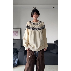 现货A2351P52-圆领软糯毛衣男秋冬穿搭设计感提花针织衫宽松上衣