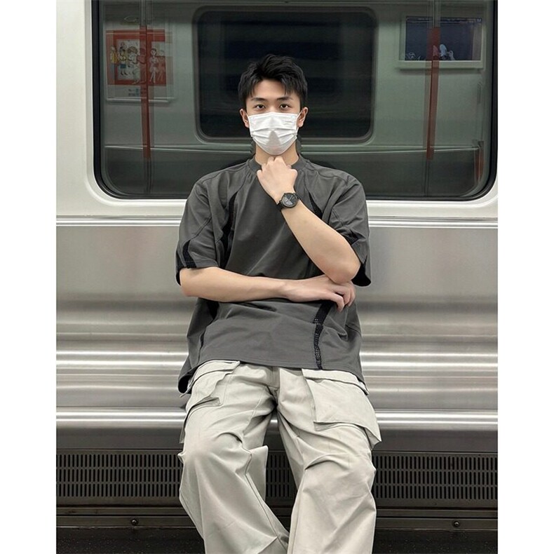 美式网格拼接重磅短袖男夏季宽松透气小领口t恤高级感正肩TX63,男装T恤,星座1116A（原606A-3）