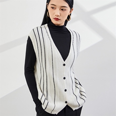 时尚百搭V领条纹羊绒马甲优雅气质休闲风女装背心，女装羊绒衫，美够羊绒