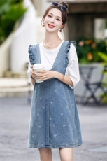 牛仔背带裙套装女2024夏季新款宽松显瘦小个子多巴胺连衣裙两件套，女装连衣裙，涵墨