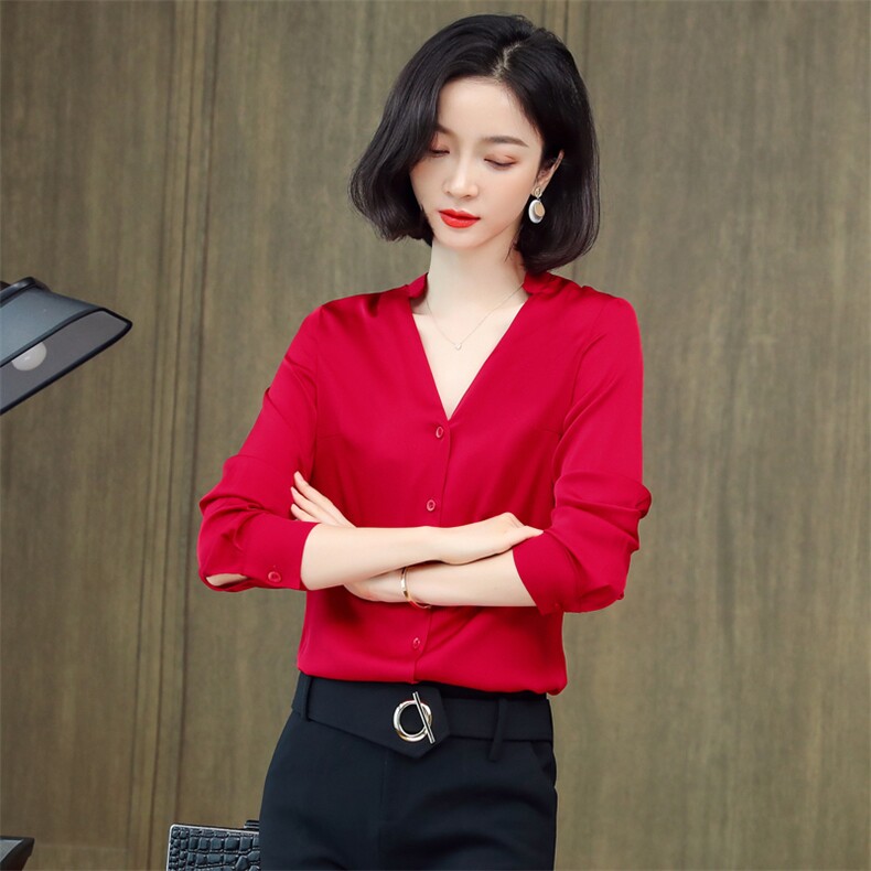 红色重磅真丝衬衫女长袖2025春装西装领职场气质缎面桑蚕丝上衣图片