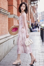 现货2024年夏季时尚气质新中式印花盘扣吊带连衣裙+针织披肩套装，女装连衣裙，艾贝斯