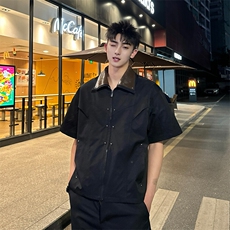 2025夏季小众设计干金属拉链翻领拼皮潮男短袖上衣D07/P90控130，男装T恤，星座305B
