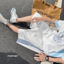夏季条纹拼接短裤宽松直筒五分裤DK619XZ1004-1P28控38，男装休闲裤，星座715