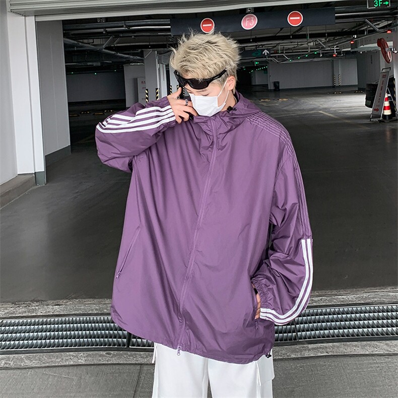 连帽时尚防晒服男夏季新款条纹设计感高街百搭青少年休闲长袖外套图片