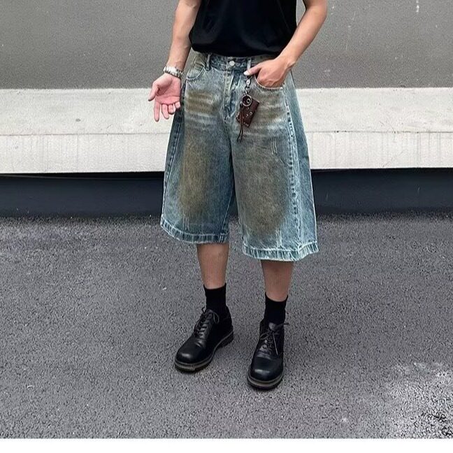 夏季新款廓形做旧水洗工艺牛仔五分短裤男韩版休闲宽松百搭裤子男图片
