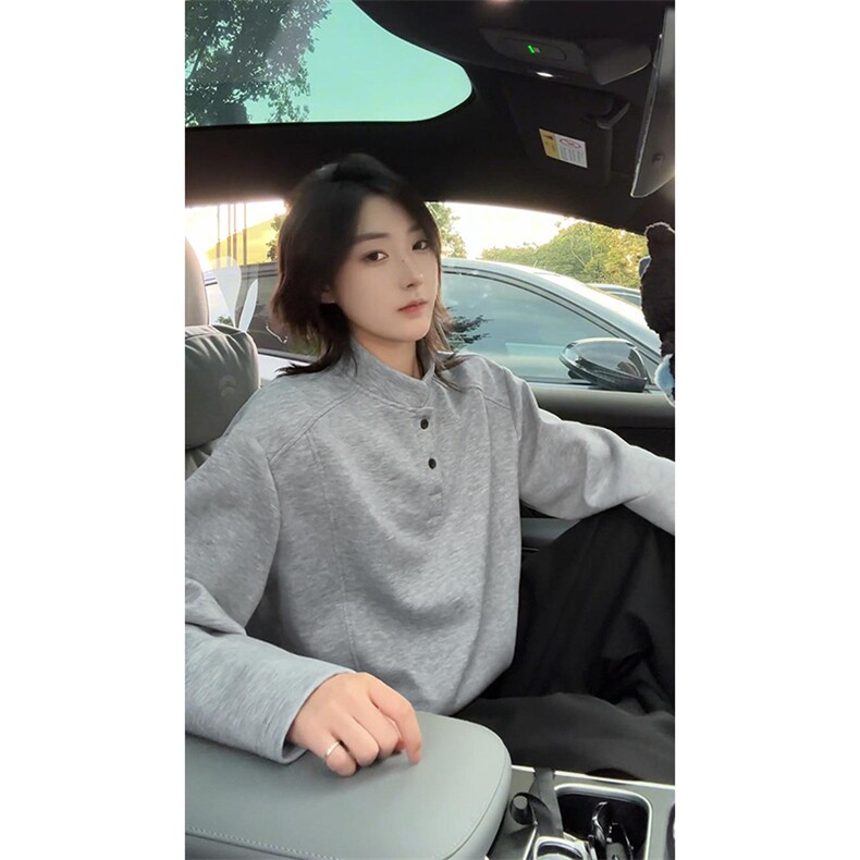 抖音得物品质美式高街重磅曼巴棉拼接cleanfit亨利领卫衣长袖T恤,男装T恤,电商A486