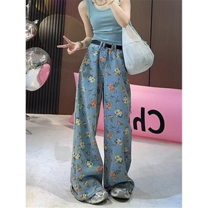复古花卉满印碎花牛仔裤女夏季高腰梧桐裤直筒阔腿裤子 NA199图片