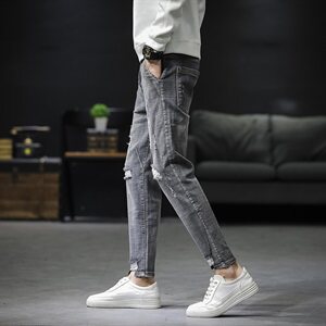现货潮流破洞牛仔裤男休闲小脚九分裤微弹图片