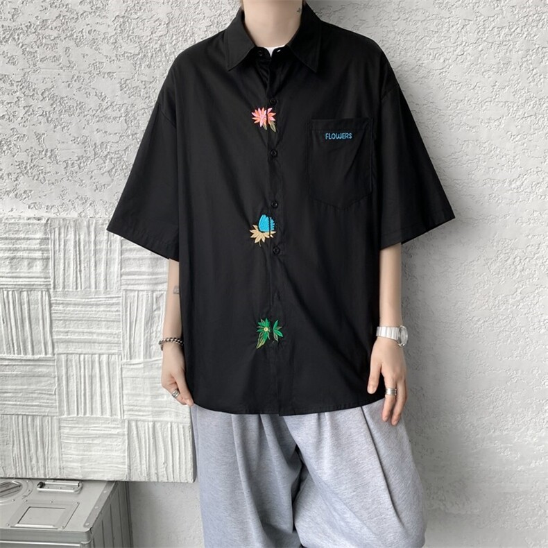 设计感重工花卉刺绣短袖衬衫高级大码美式痞帅衬衣外套DC5011/P45,男装衬衫,电商B238