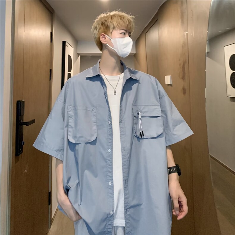 休闲复古夏季工装口袋短袖衬衣宽松男女休闲衬衫外套W12600-P39,男装T恤,星座1008-2
