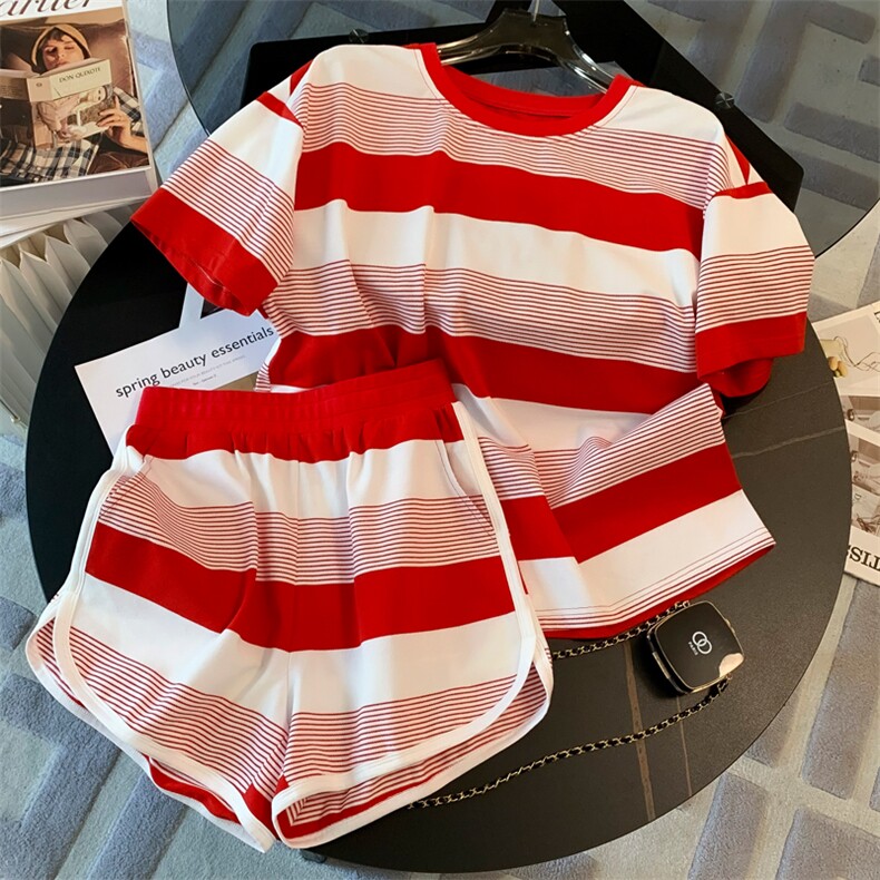 高级感时尚潮流套装女夏新款宽松圆领条纹短袖上衣阔腿短裤两件套,女装套装/套裙,江南