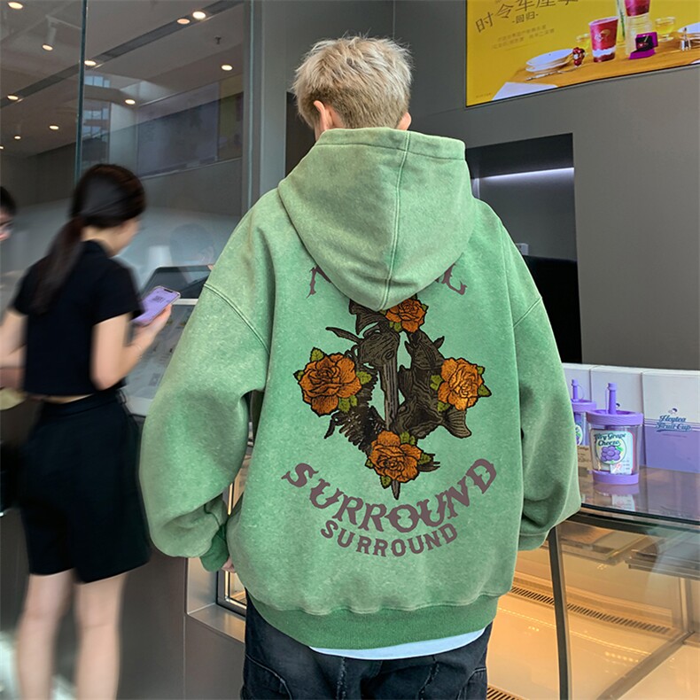 得物抖音高品质二开360克重磅做旧炒雪花纯色连帽水洗卫衣16029,男装卫衣,电商A486