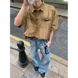 自己拍的图24CS14-特P55 美式潮水洗棉布牛仔短袖衬衫宽松衬衣图片