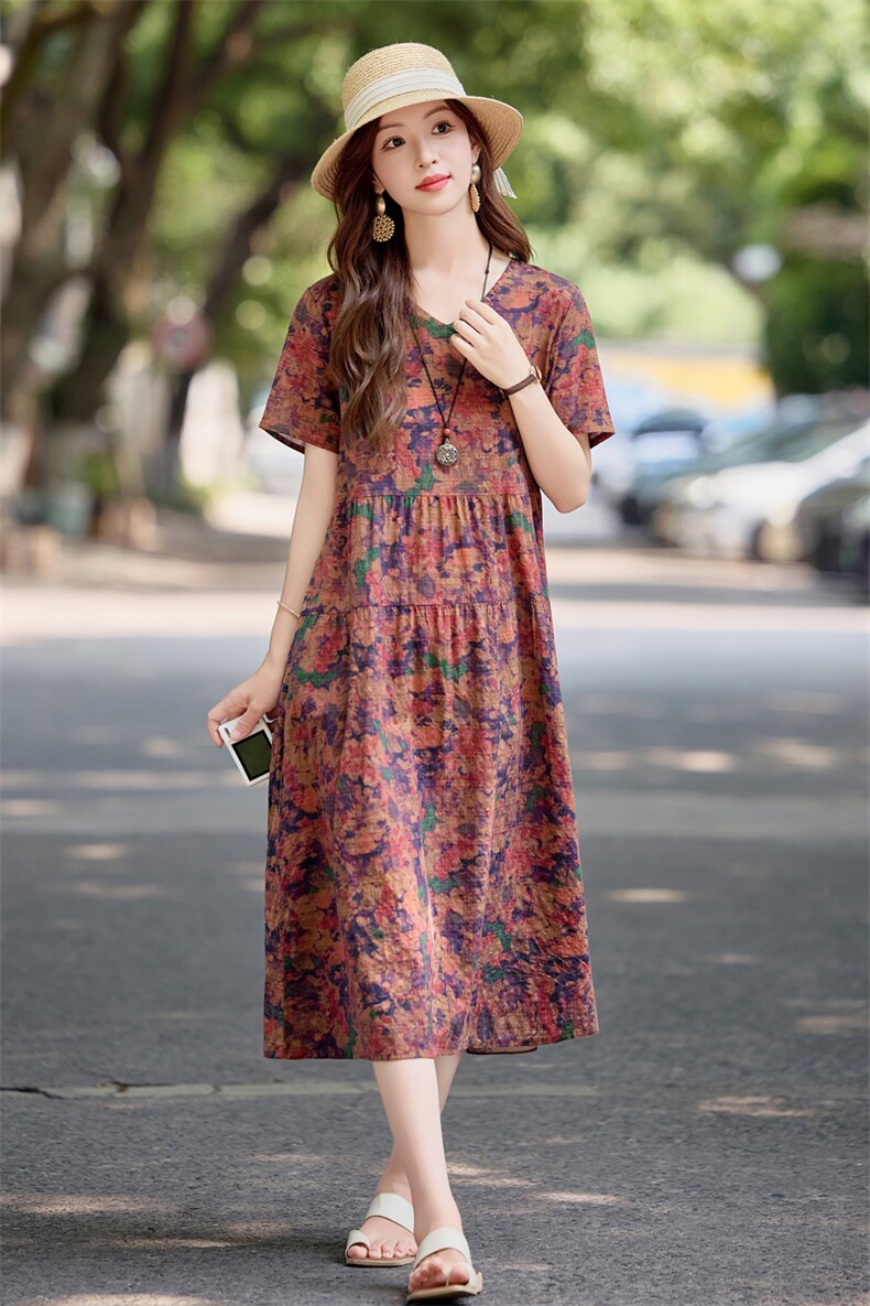 时尚休闲印花棉麻短袖连衣裙女2025夏新款简约宽松复古文艺风裙子,女装连衣裙,依万里