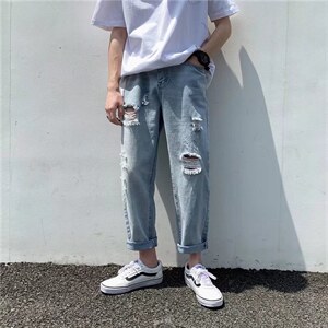 破洞牛仔裤男潮流日系复古韩版潮牌直筒宽松九分裤N0364-P35图片