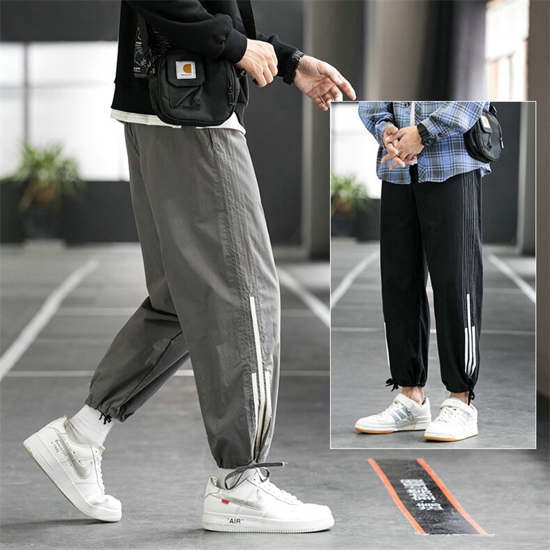 新款休闲裤男韩版潮流抽绳束脚侧边条纹运动裤宽松DS876T图片