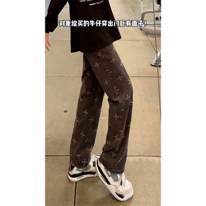 B221 美式ins高街暗黑提花修身微喇弹力牛仔裤 LK24214-特P45控78图片
