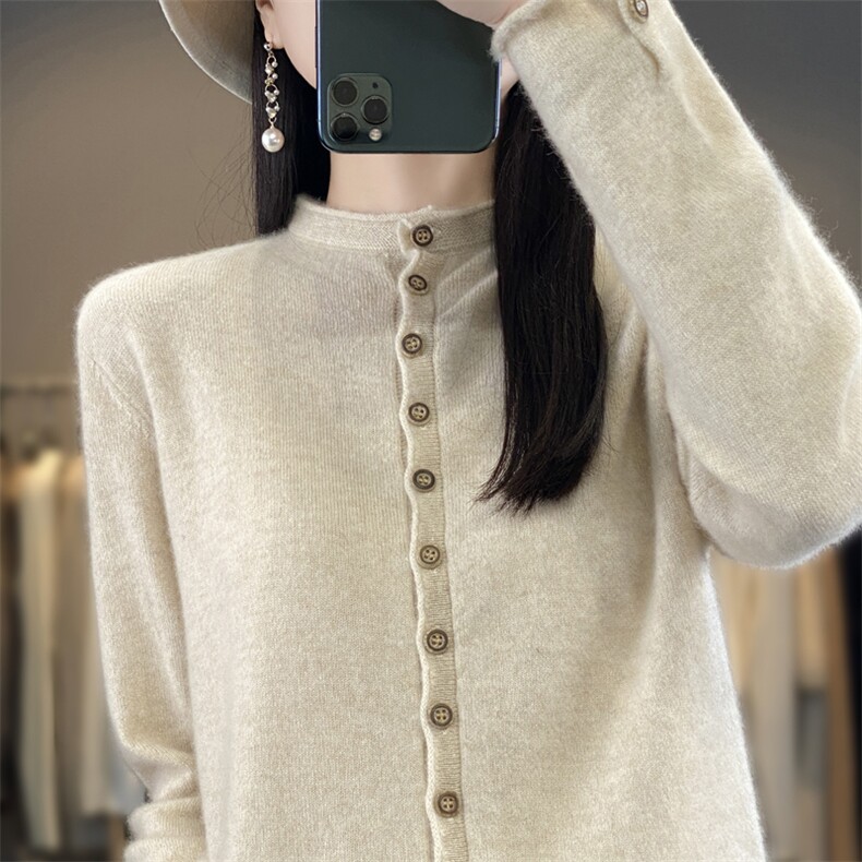 开衫女半高圆领带扣针织羊毛外套宽松休闲外搭复古文艺风上衣,女装羊毛衫,端硕羊绒