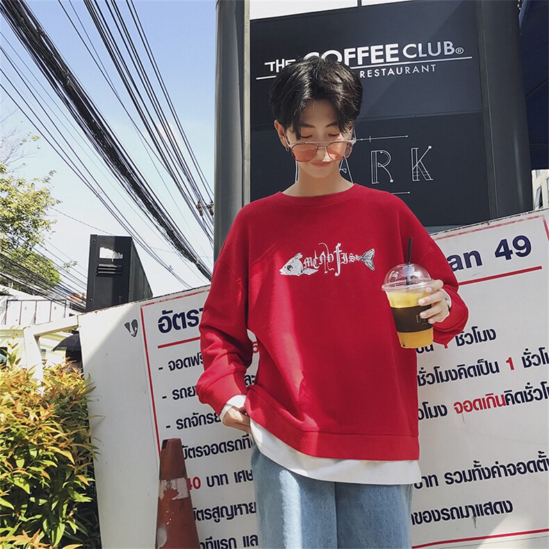 假两件卫衣男士长袖t恤圆领韩版潮流打底衫鱼印花上衣服DS45T,男装卫衣,电商A102