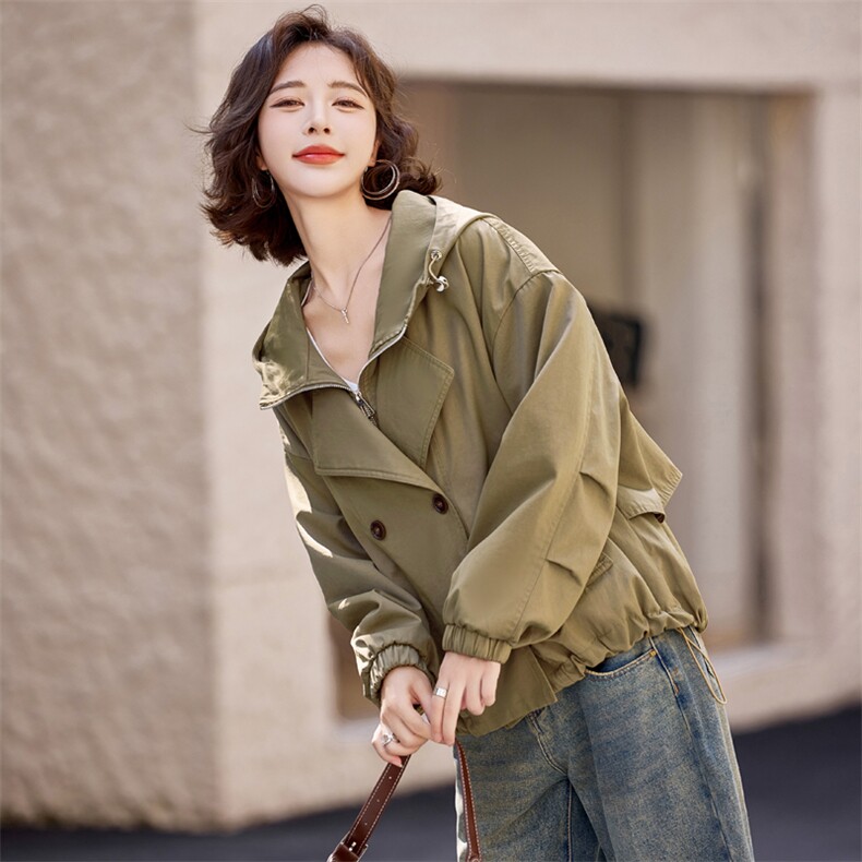 知性优雅连帽设计风衣式外套女2026春季摩登复古短款上衣,女装风衣,难舍钰依