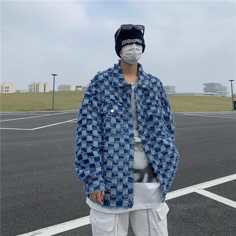 美式棋盘格牛仔外套男女潮牌炸街宽松休闲痞帅W028-P70图片