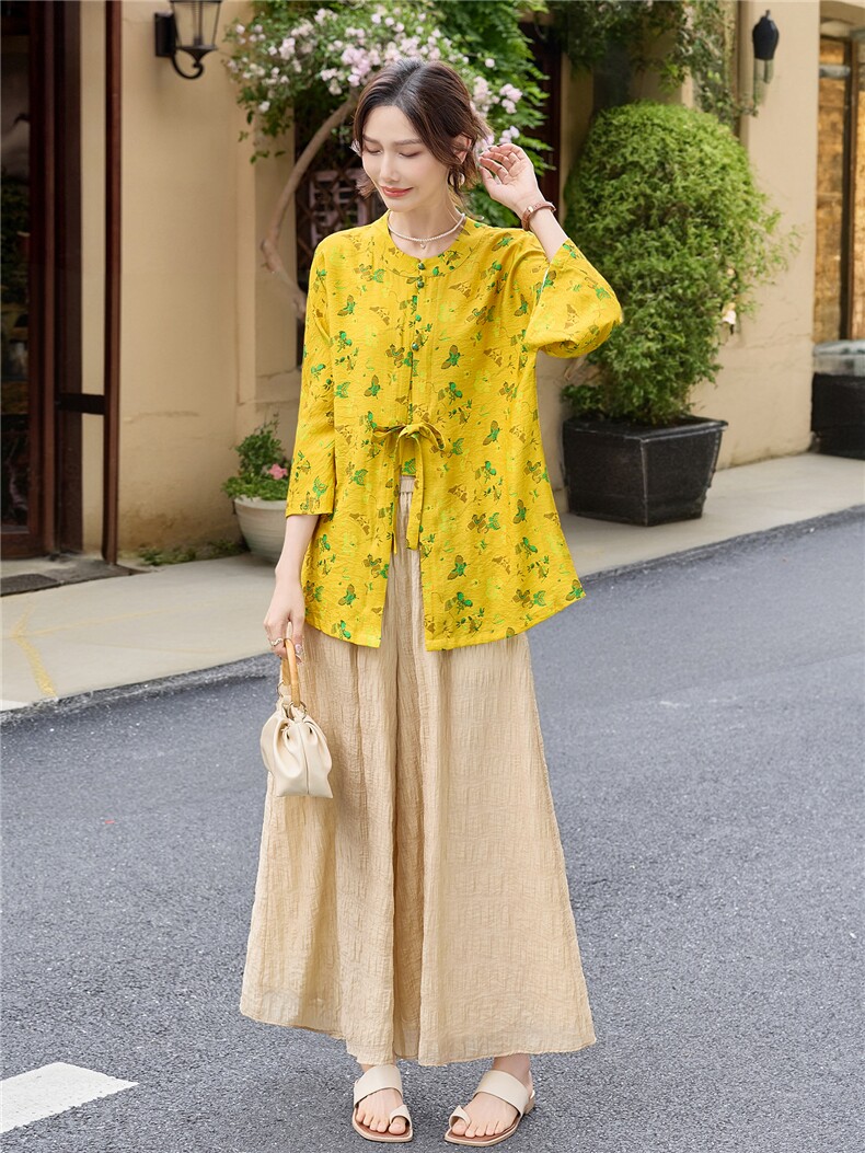 新中式印花宽松喇叭袖小衫配裙裤时尚气质两件套女,女装套装/套裙,水衣源