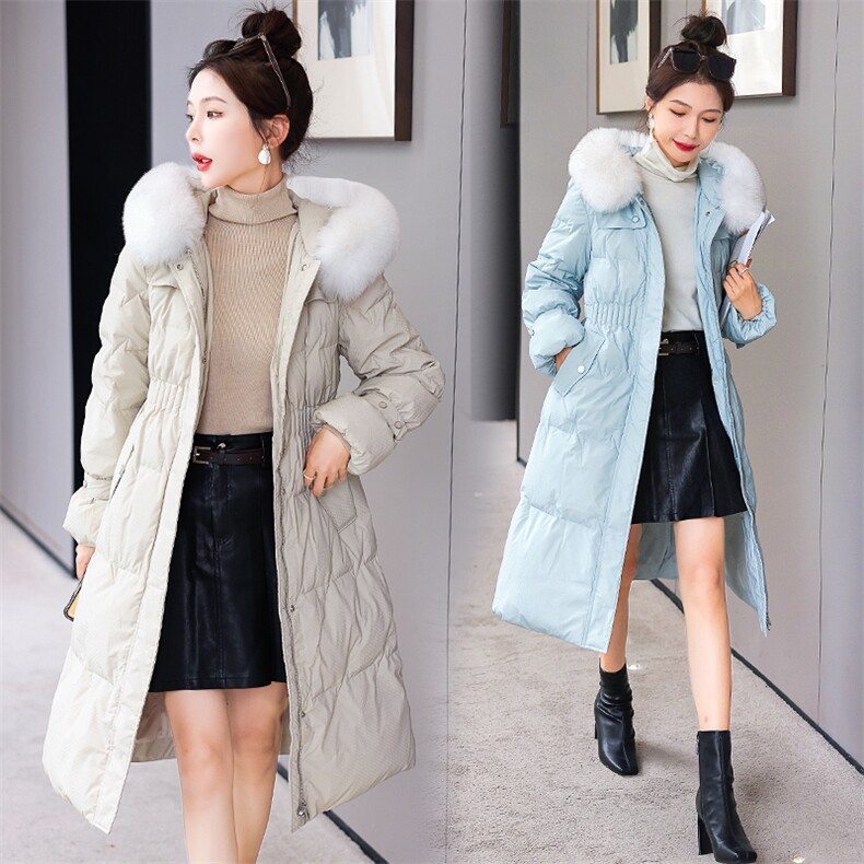 羽绒服新款2022年女装腰间抽绳修身可脱卸真狐狸毛领长款90白鸭绒,女装羽绒服,时尚俏佳人