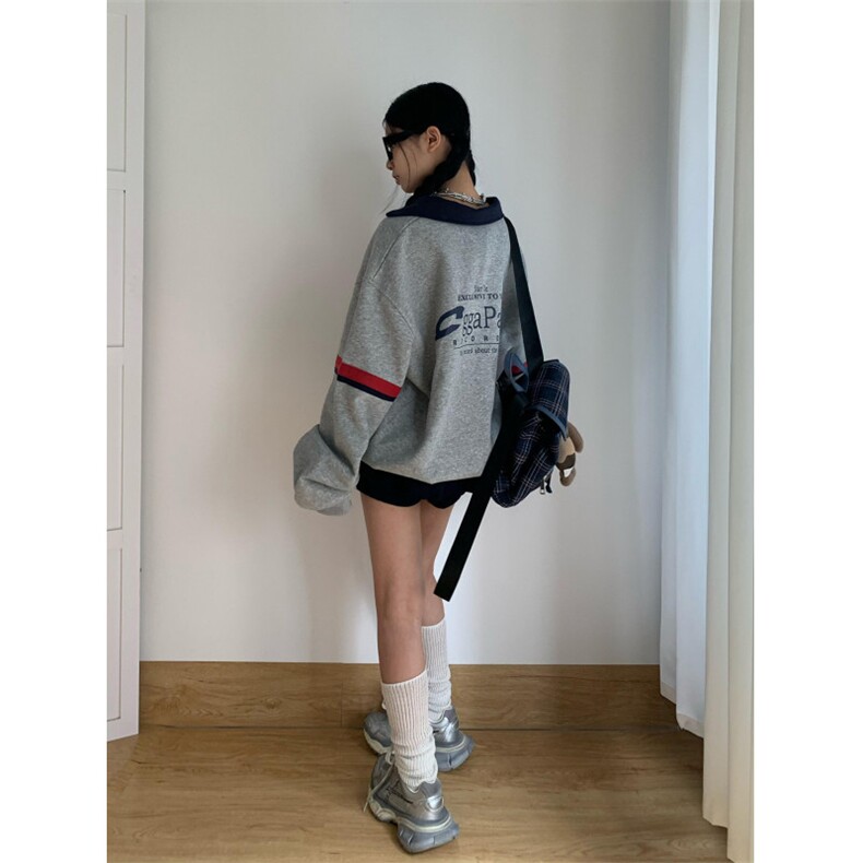 网图美式复古秋新款半开领polo领灰色卫衣男女宽松高街特批48,男装卫衣,电商C306-1