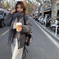 黑白格纹可脱卸围脖短款羽绒服2C291-YRF186-P295-K499，女装羽绒服，2C291