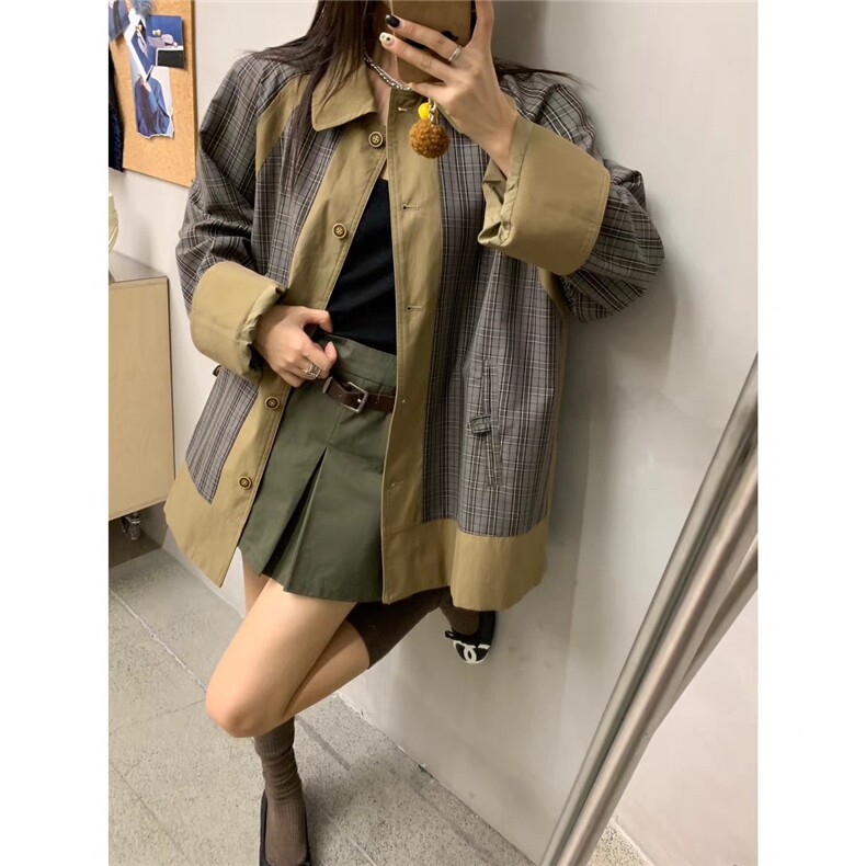 新格纹拼接短款风衣2025新款舒适百搭,女装风衣,湘姗