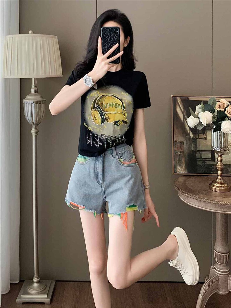 女夏季新款韩版运动休闲套装卡通印花圆领短袖宽松牛仔短裤两件套,女装套装/套裙,江南