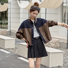海宁皮衣牛仔拼接立领外套女2025秋新款宽松休闲百搭时尚夹克上衣，女装皮衣，美拉德工厂直营店