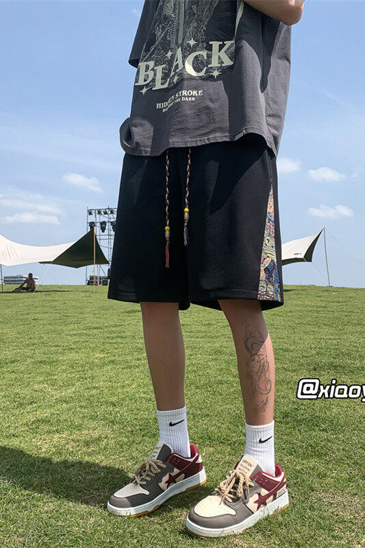 中国风短裤男夏季2024新款小熊潮牌休闲宽松五分中裤国潮拼接裤子,男装休闲裤,星座512A（原616）