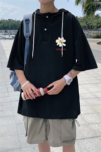 LD54059-P45 连帽短袖t恤男大码胖子带帽五分袖中袖图片