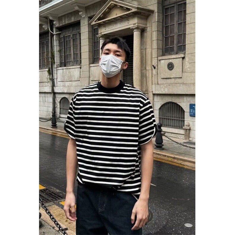 【现货】DA145-P40黑白条纹短袖T恤男重磅潮牌美式复古5五分袖夏,男装T恤,星座603-2